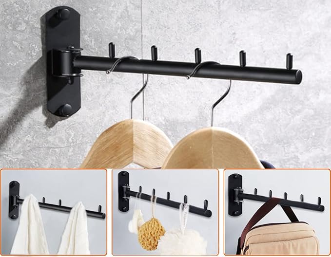 304 Stainless Steel Wall-Mounted 180° Rotatable Clothes Rack – Foldable Multi-Hook Storage Organizer for Laundry and Entryway