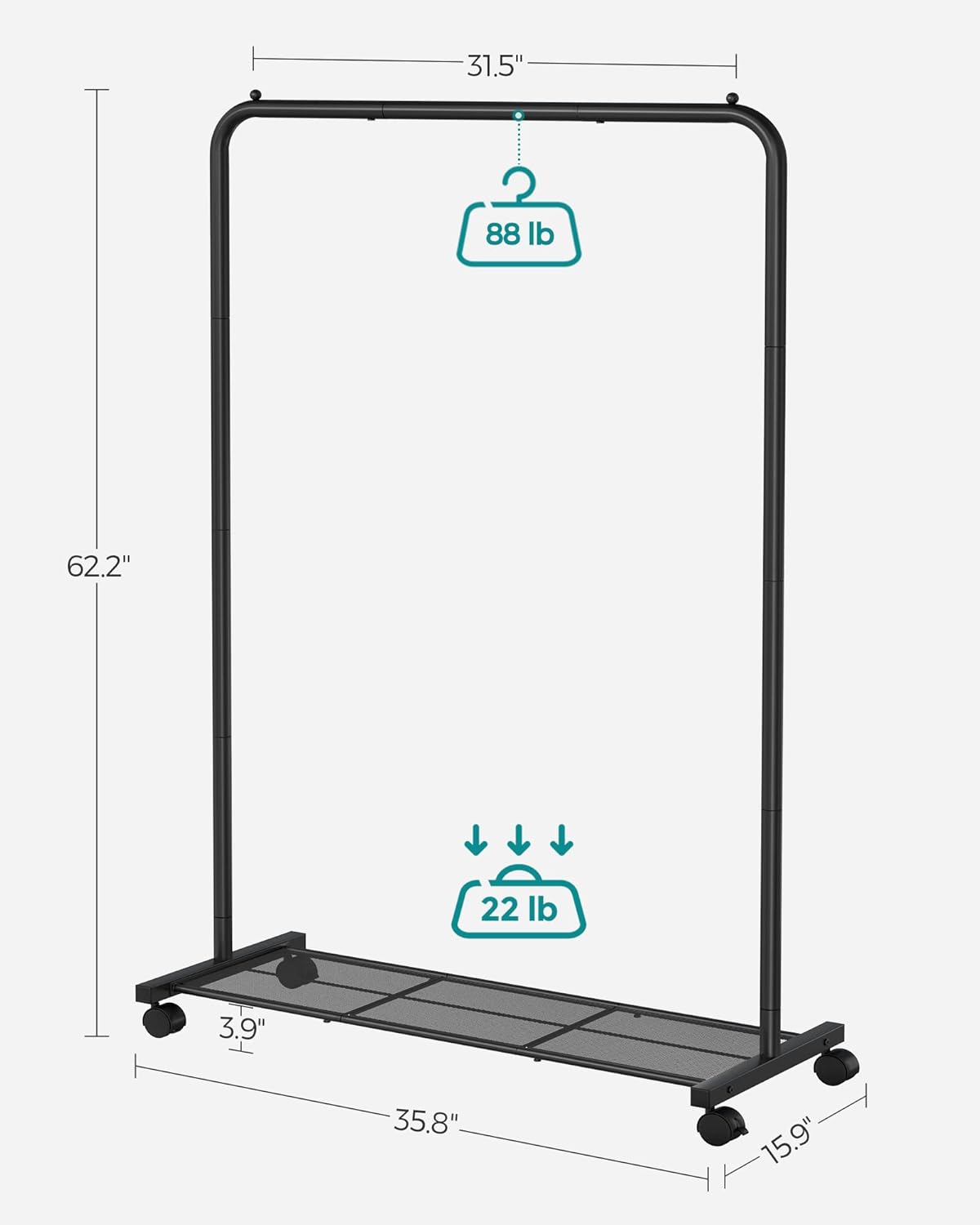 Heavy-Duty Rolling Garment Rack – Sturdy Steel Clothes Rack with Storage Shelf and Locking Wheels, 88 lb Weight Capacity