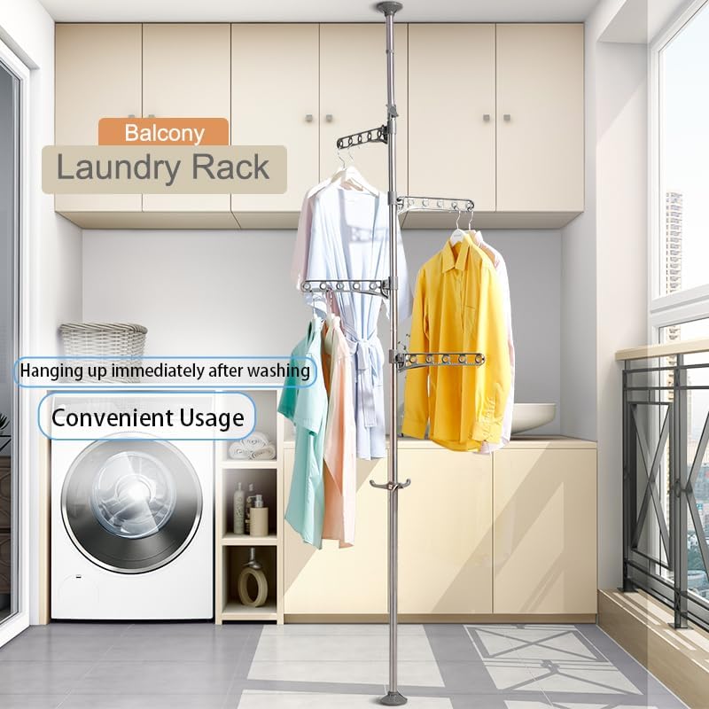 Ceiling-to-Floor Adjustable Rotating Clothes Rack – Freestanding Tension Pole Garment Organizer with 360° Swivel Arms, No-Drill Installation
