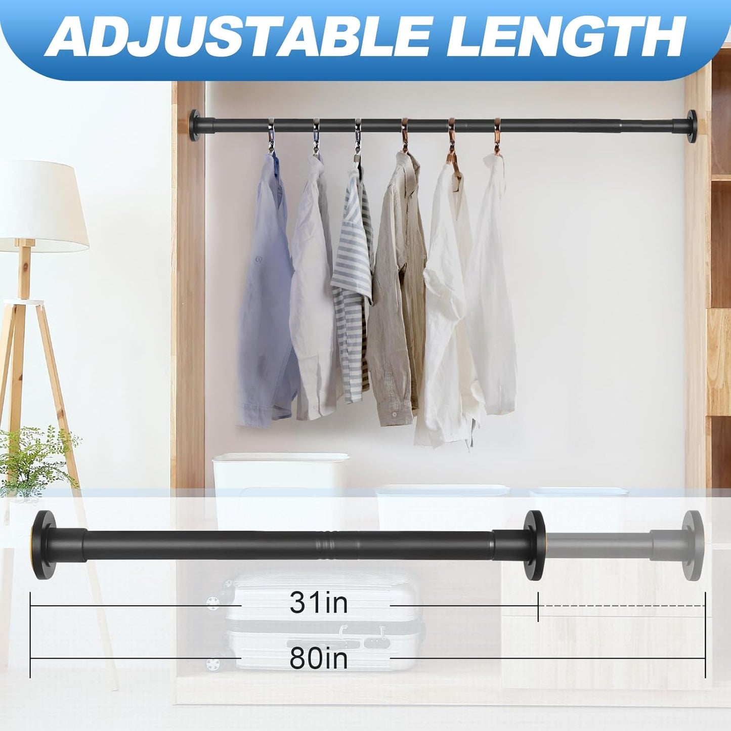 Adjustable Wall-Mounted Heavy-Duty Clothes Hanging Rod, 31–80 Inches, No-Drill Telescopic Closet Rod