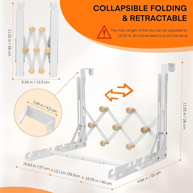 No-Drill Over-the-Door Adjustable Drying Rack – Folding Retractable Clothes Hanger with Multi-Hook Storage Design