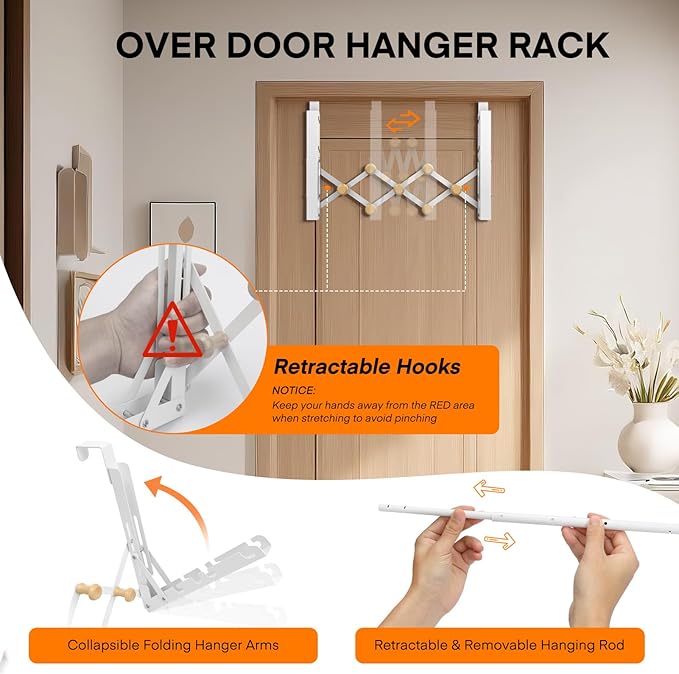 No-Drill Over-the-Door Adjustable Drying Rack – Folding Retractable Clothes Hanger with Multi-Hook Storage Design
