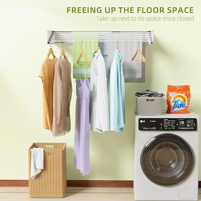 Wall-Mounted Retractable Clothes Drying Rack – Heavy-Duty Electroplated Aluminum Folding Laundry Hanger, 60lbs Capacity