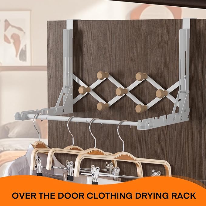 No-Drill Over-the-Door Adjustable Drying Rack – Folding Retractable Clothes Hanger with Multi-Hook Storage Design