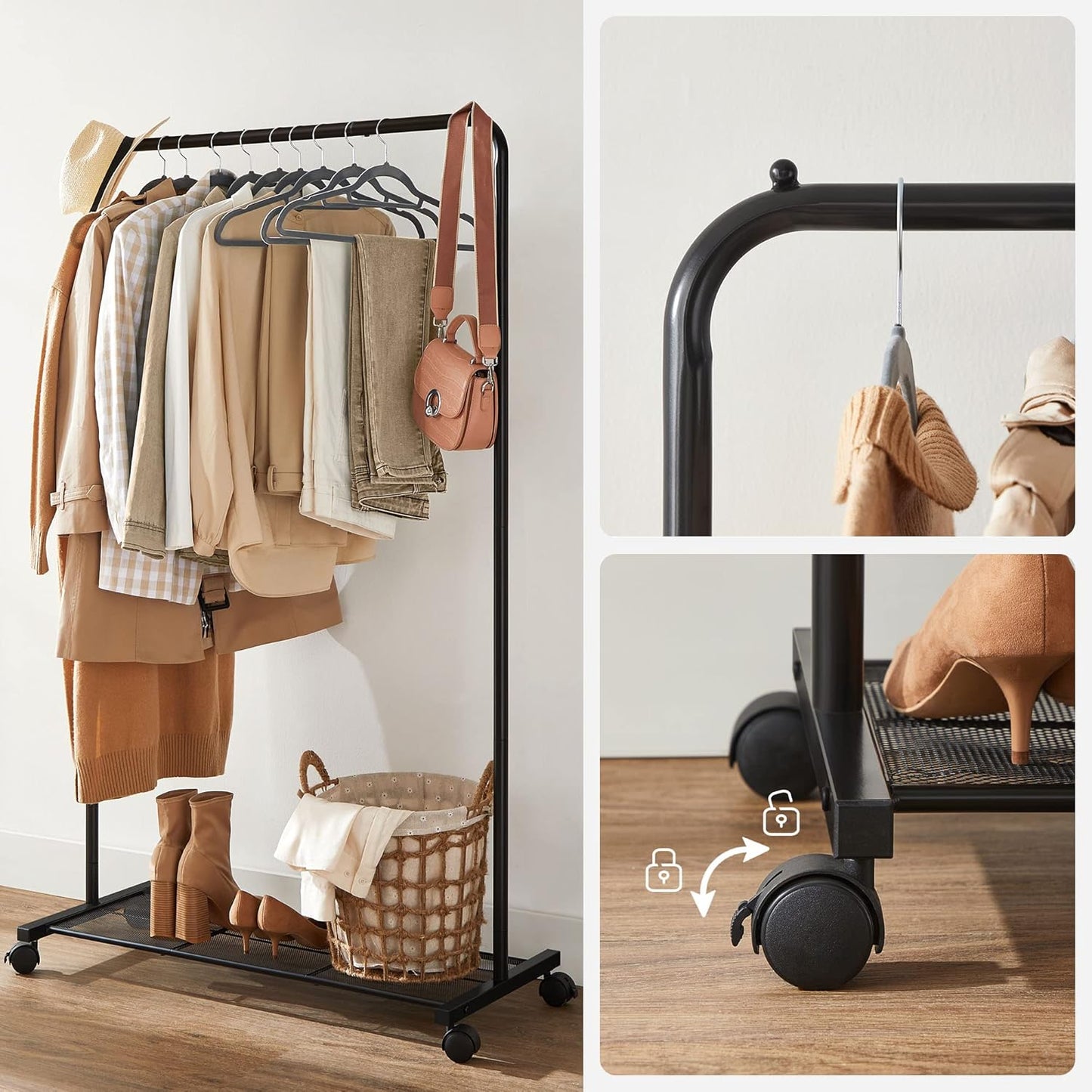 Heavy-Duty Rolling Garment Rack – Sturdy Steel Clothes Rack with Storage Shelf and Locking Wheels, 88 lb Weight Capacity