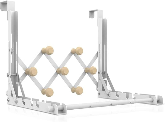 No-Drill Over-the-Door Adjustable Drying Rack – Folding Retractable Clothes Hanger with Multi-Hook Storage Design