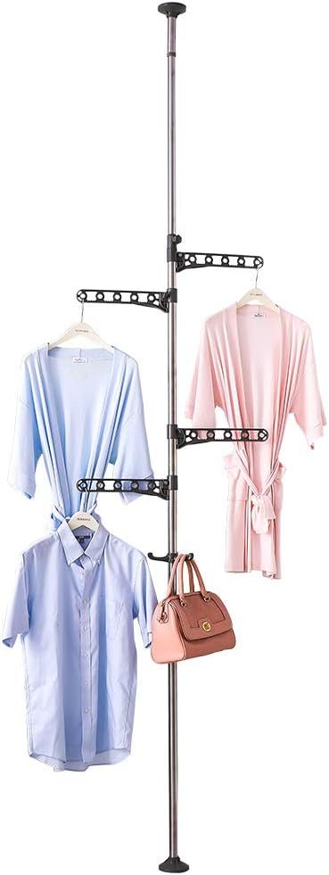 Ceiling-to-Floor Adjustable Rotating Clothes Rack – Freestanding Tension Pole Garment Organizer with 360° Swivel Arms, No-Drill Installation
