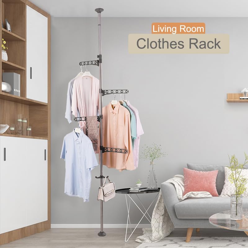 Ceiling-to-Floor Adjustable Rotating Clothes Rack – Freestanding Tension Pole Garment Organizer with 360° Swivel Arms, No-Drill Installation