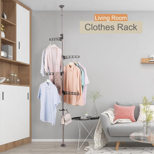 Ceiling-to-Floor Adjustable Rotating Clothes Rack – Freestanding Tension Pole Garment Organizer with 360° Swivel Arms, No-Drill Installation