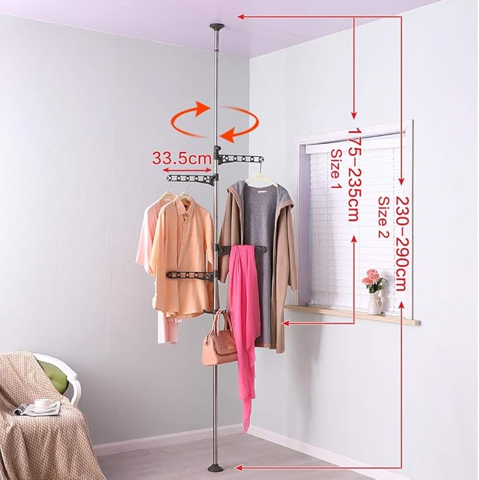 Ceiling-to-Floor Adjustable Rotating Clothes Rack – Freestanding Tension Pole Garment Organizer with 360° Swivel Arms, No-Drill Installation
