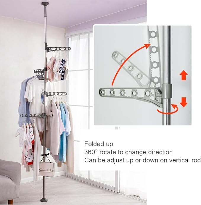 Ceiling-to-Floor Adjustable Rotating Clothes Rack – Freestanding Tension Pole Garment Organizer with 360° Swivel Arms, No-Drill Installation