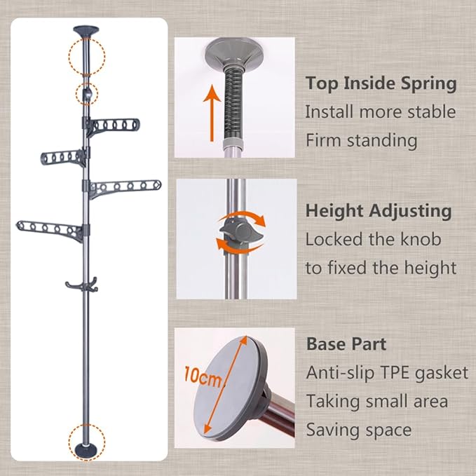 Ceiling-to-Floor Adjustable Rotating Clothes Rack – Freestanding Tension Pole Garment Organizer with 360° Swivel Arms, No-Drill Installation