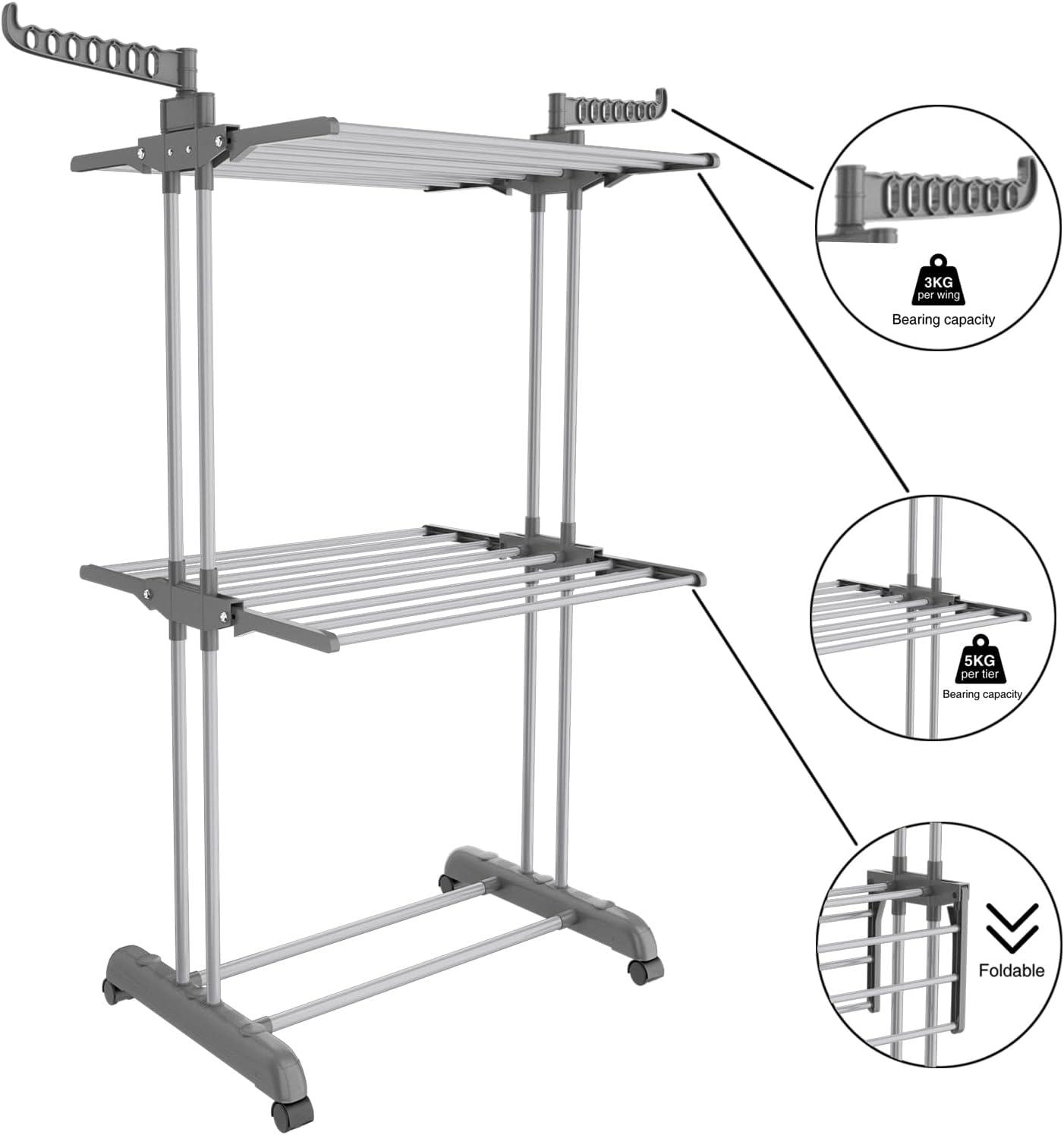 2-Tier Folding Clothes Drying Rack – Heavy Duty Indoor Laundry Rack with Rotating Side Wings, Adjustable Height, Large Capacity