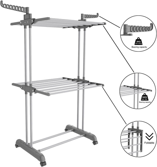 2-Tier Folding Clothes Drying Rack – Heavy Duty Indoor Laundry Rack with Rotating Side Wings, Adjustable Height, Large Capacity