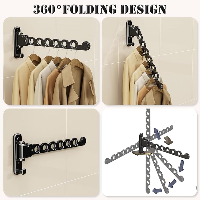 Heavy-Duty No-Drill Folding Clothes Drying Rack – Wall Mounted Rotating Hanger with Strong Load Capacity