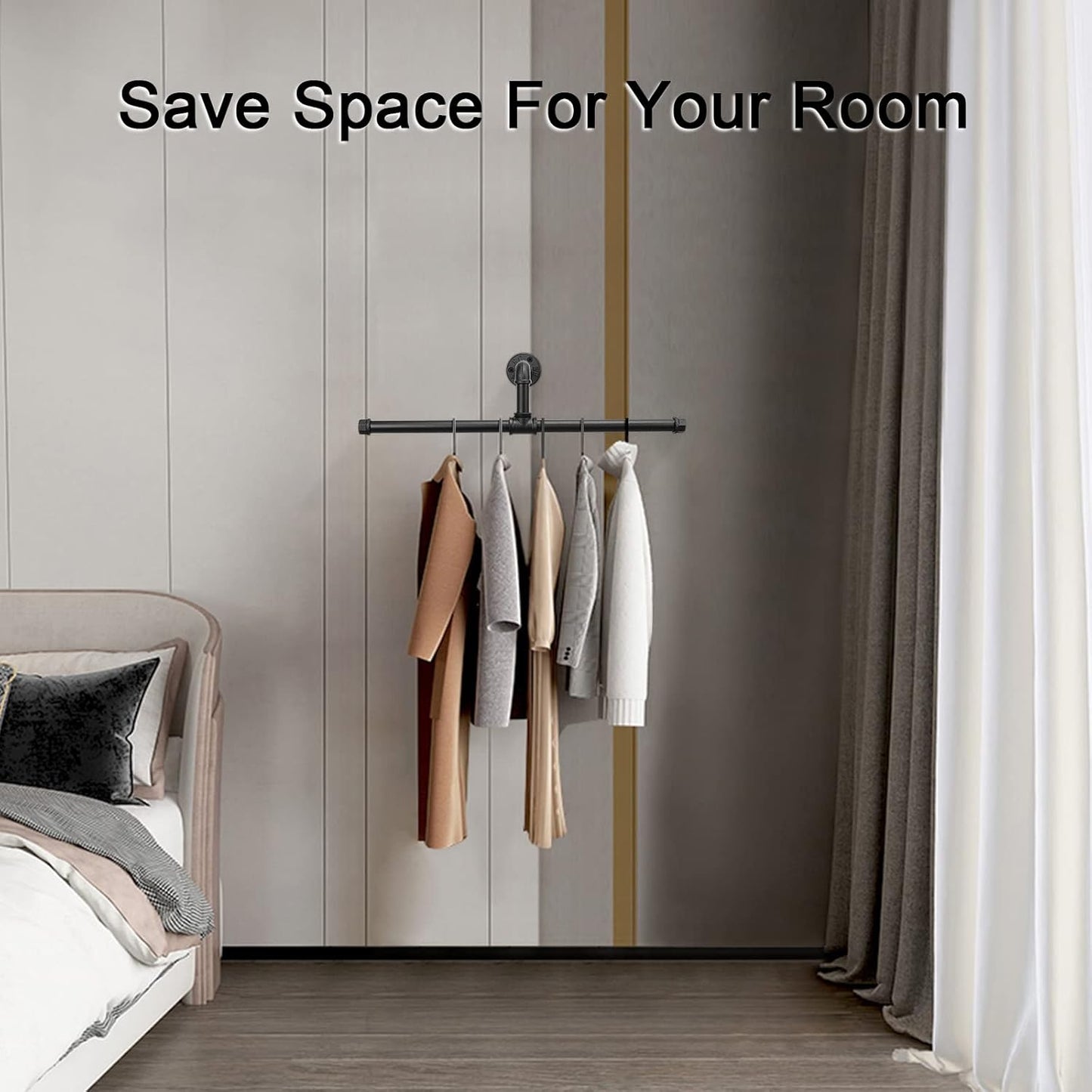 Industrial Pipe Wall-Mounted Clothes Rack – Black Vintage Iron Hanging Rod for Storage and Display