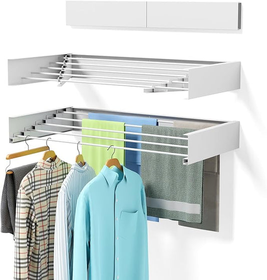 Wall-Mounted Retractable Clothes Drying Rack – Heavy-Duty Electroplated Aluminum Folding Laundry Hanger, 60lbs Capacity