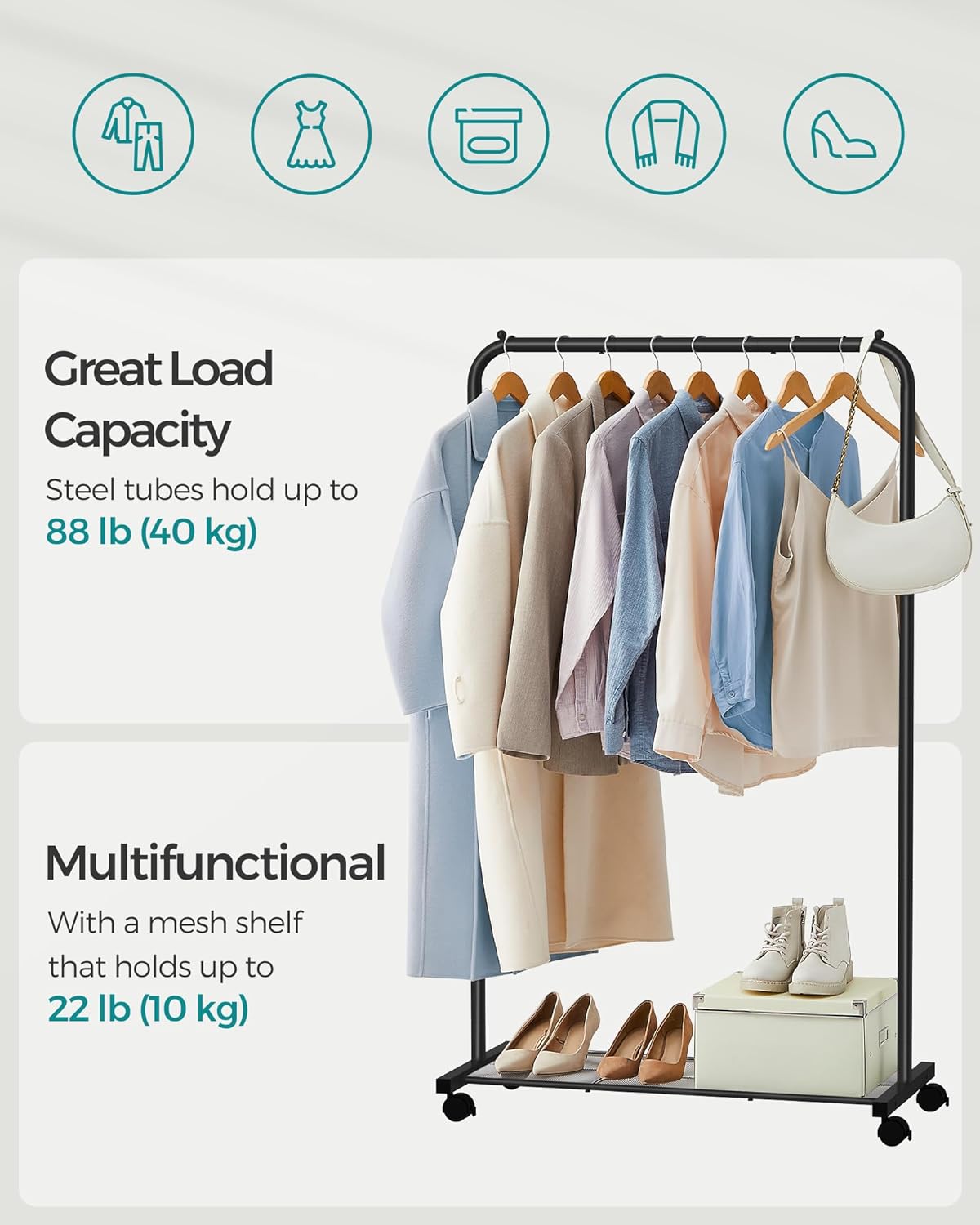 Heavy-Duty Rolling Garment Rack – Sturdy Steel Clothes Rack with Storage Shelf and Locking Wheels, 88 lb Weight Capacity