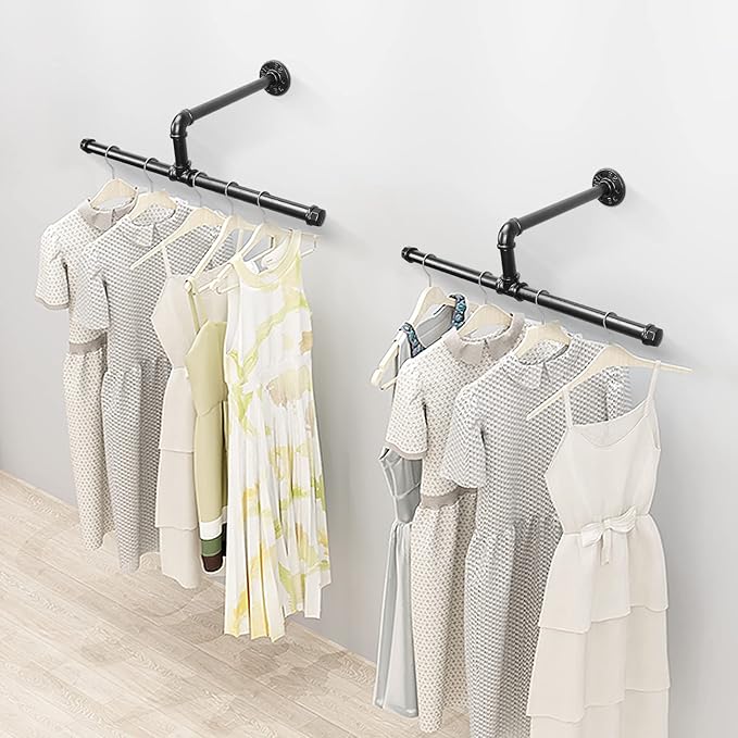 Industrial Pipe Wall-Mounted Clothes Rack – Black Vintage Iron Hanging Rod for Storage and Display