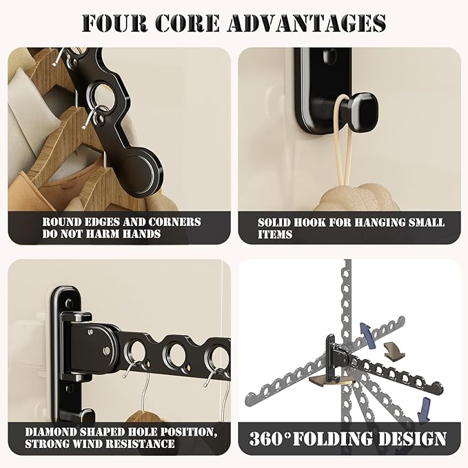 Heavy-Duty No-Drill Folding Clothes Drying Rack – Wall Mounted Rotating Hanger with Strong Load Capacity