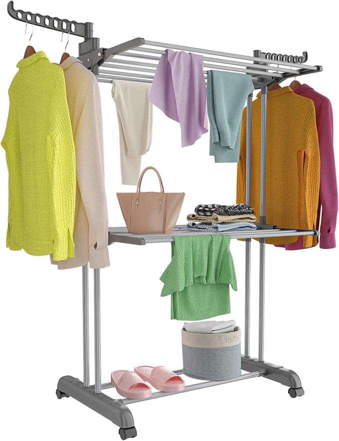 2-Tier Folding Clothes Drying Rack – Heavy Duty Indoor Laundry Rack with Rotating Side Wings, Adjustable Height, Large Capacity