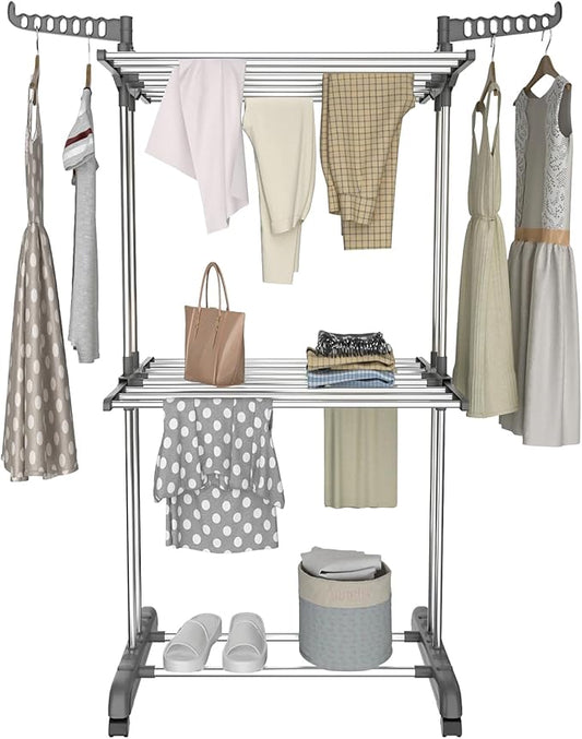 2-Tier Folding Clothes Drying Rack – Heavy Duty Indoor Laundry Rack with Rotating Side Wings, Adjustable Height, Large Capacity