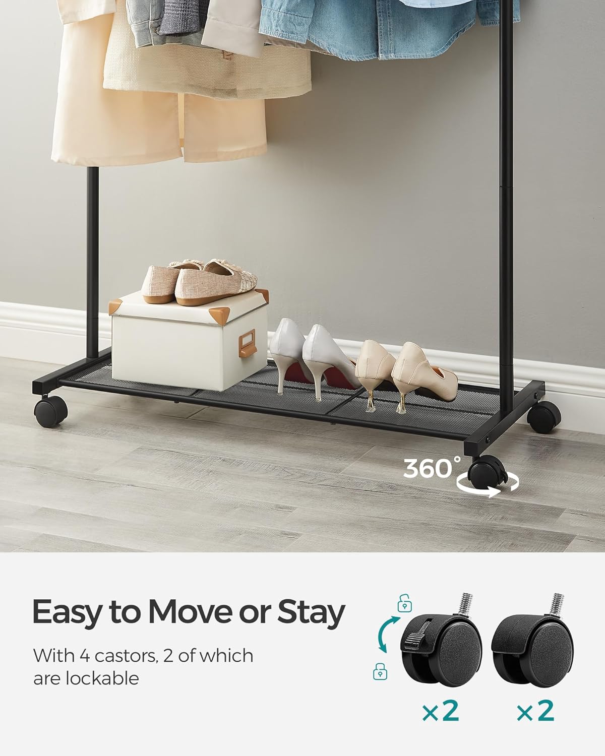 Heavy-Duty Rolling Garment Rack – Sturdy Steel Clothes Rack with Storage Shelf and Locking Wheels, 88 lb Weight Capacity