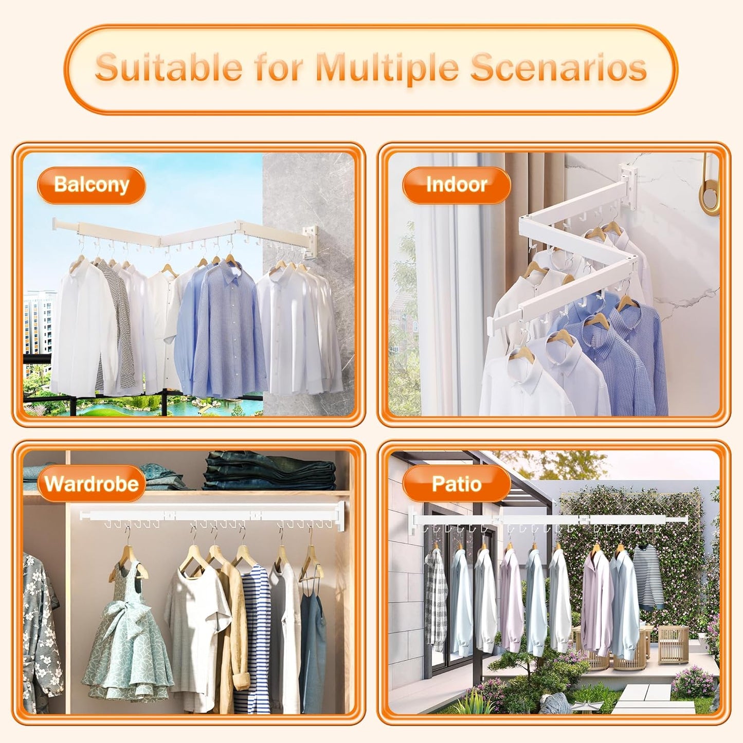 Foldable Wall-Mounted Clothes Drying Rack – Multi-Purpose Rotatable Metal Hanging Rod with Adjustable Arms and Hooks