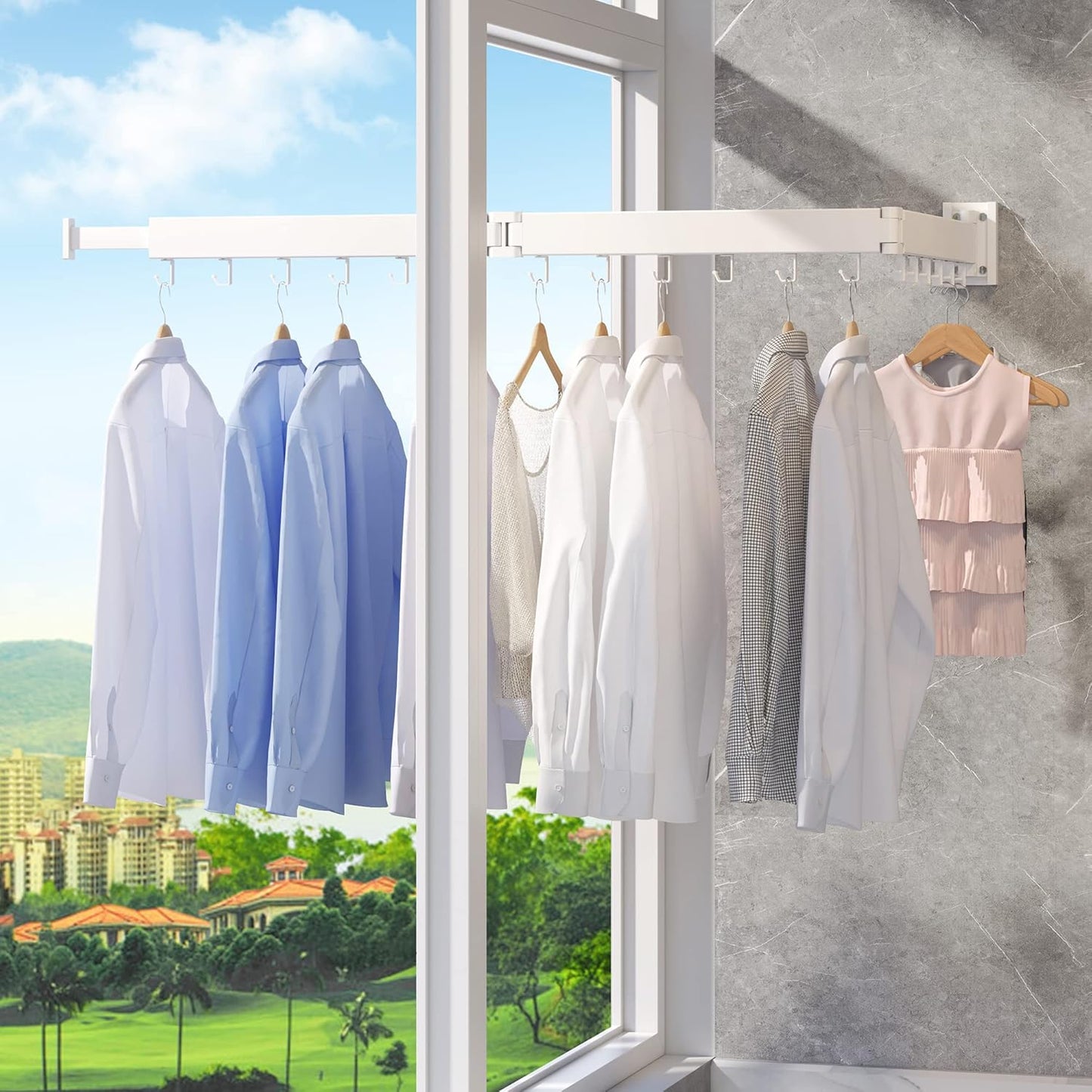 Foldable Wall-Mounted Clothes Drying Rack – Multi-Purpose Rotatable Metal Hanging Rod with Adjustable Arms and Hooks