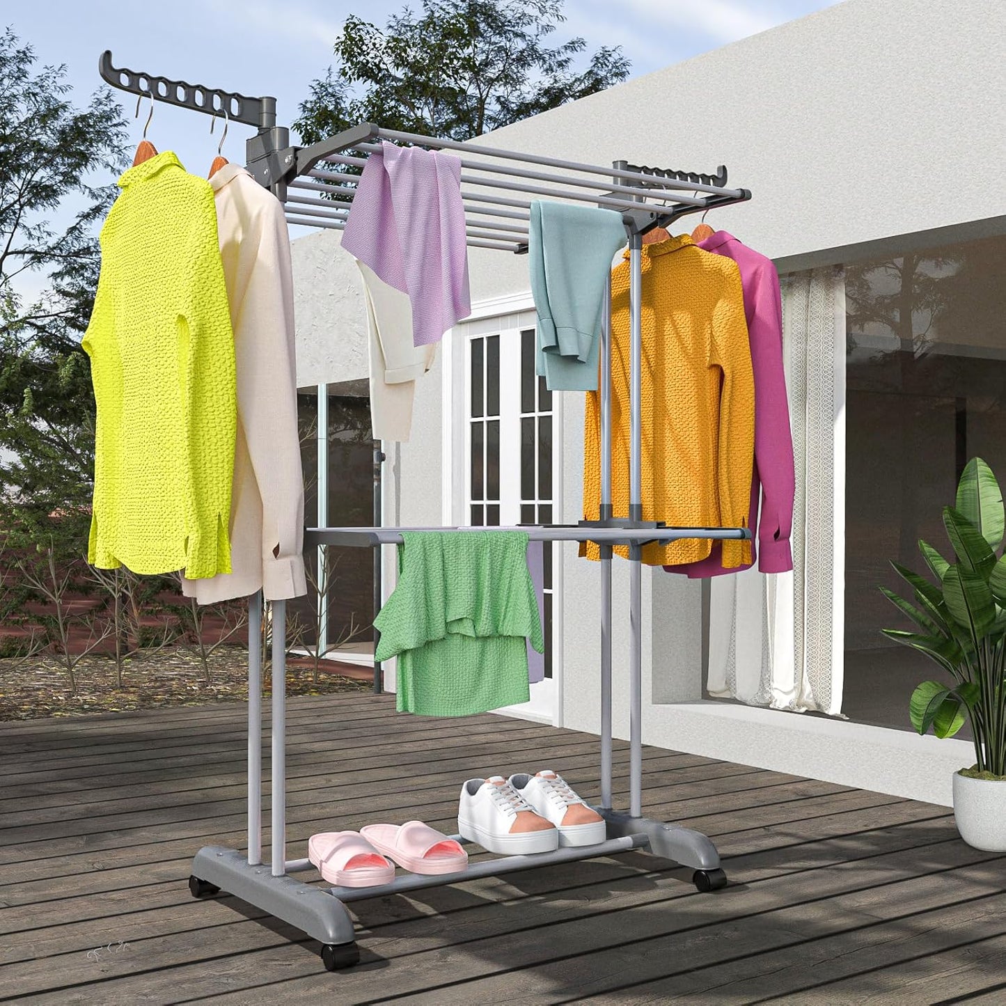 2-Tier Folding Clothes Drying Rack – Heavy Duty Indoor Laundry Rack with Rotating Side Wings, Adjustable Height, Large Capacity
